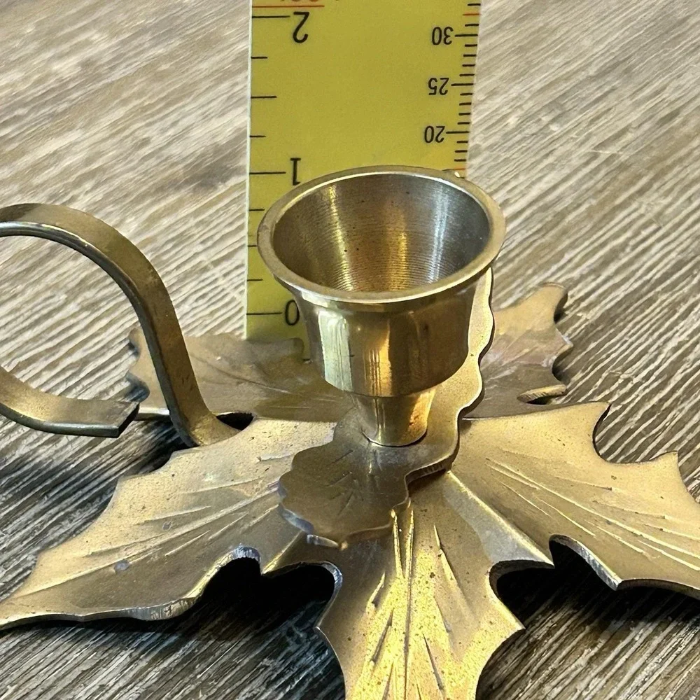 Vtg Solid Brass Leaf Shaped‎ Tapered Candle Holder Christmas - India Archana